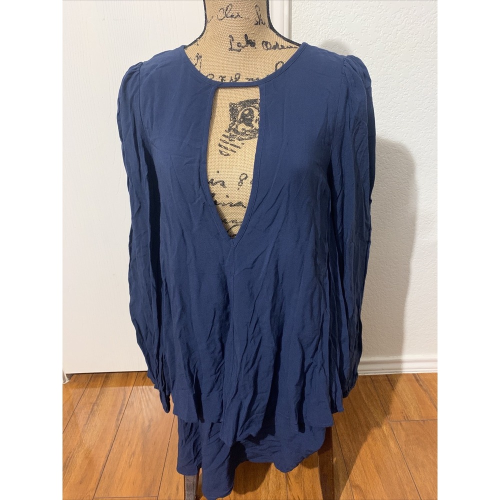 free people XS Beck Mini Dress Navy Blue Long Sleeves Made In USA NWOT